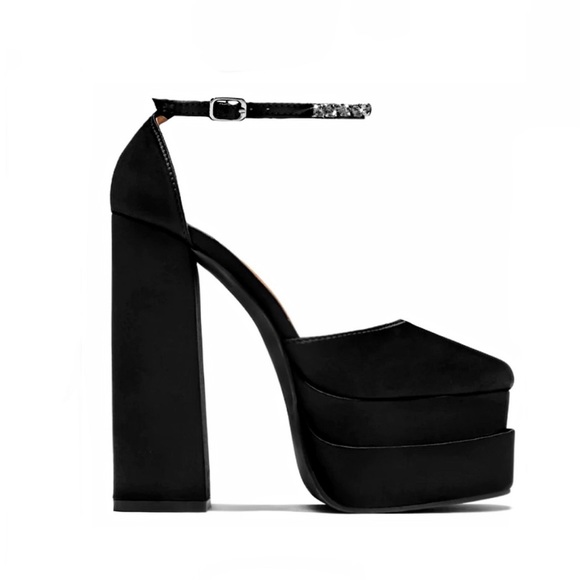 Black Ankle Strap Embellished Double Platform High Heels - Picture 8 of 11